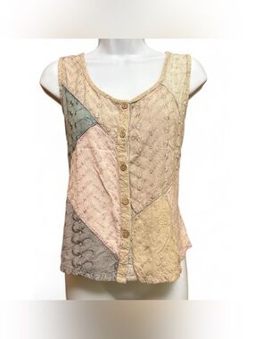 Sacred Threads patchwork tank top S buttons embroidered flowy Lagenlook witchy